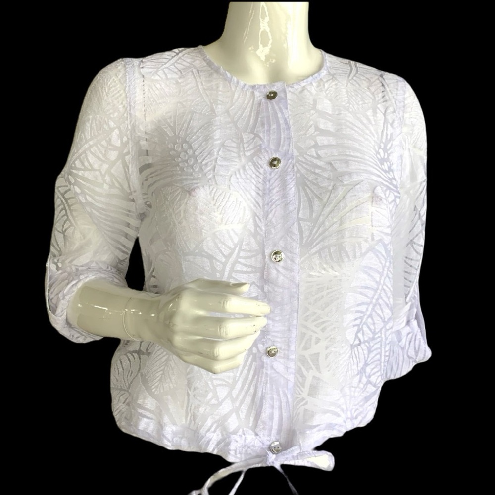 LARA LANE SHEER WHITE LONG SLEEVE JACKET TOP BLOUSE. WOMEN’S SIZE 4 PETITE